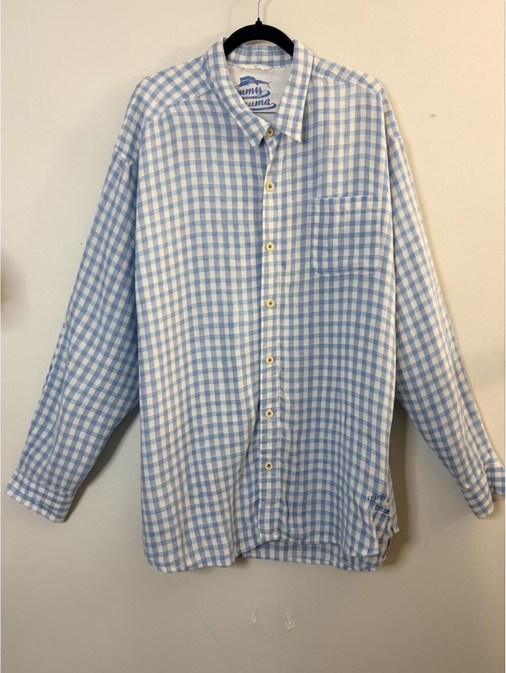 Tommy Bahama Relax Men’s Button Down Shirt Blue White Plaid Long Sleeve Casual